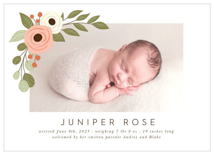 Pair your sweet baby photo with some lovely illustrated florals on our Flower Girl Birth Announcements!