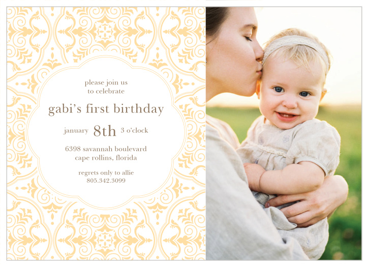 Gather friends and family together to celebrate your little one's special day with our Swirling Medallion First Birthday Invitations.