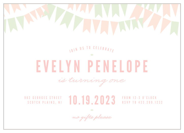 This invite is adorned with the cutest little pennant banner you ever did see. Strung across the top, you know its going to get your guests in the mood to celebrate your little one.