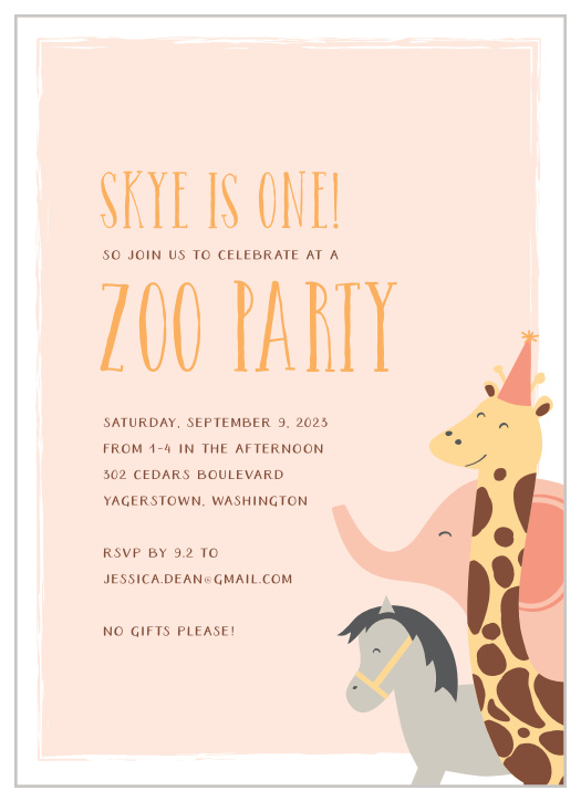 Our Zoo Fun First Birthday Invitations gather family and friends together to celebrate your little one's upcoming big day.