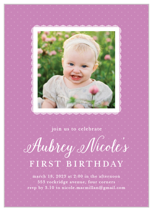 The Lace and Polka Dots First Birthday Invitation is the perfect way to get your guests excited to celebrate your little one's big day!