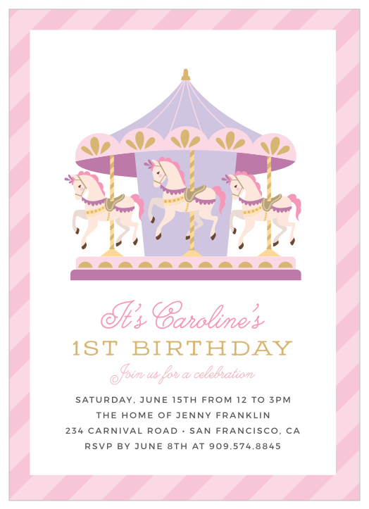 Our Carousel Ride First Birthday Invitations bring family and friends together to celebrate your little one's special day.