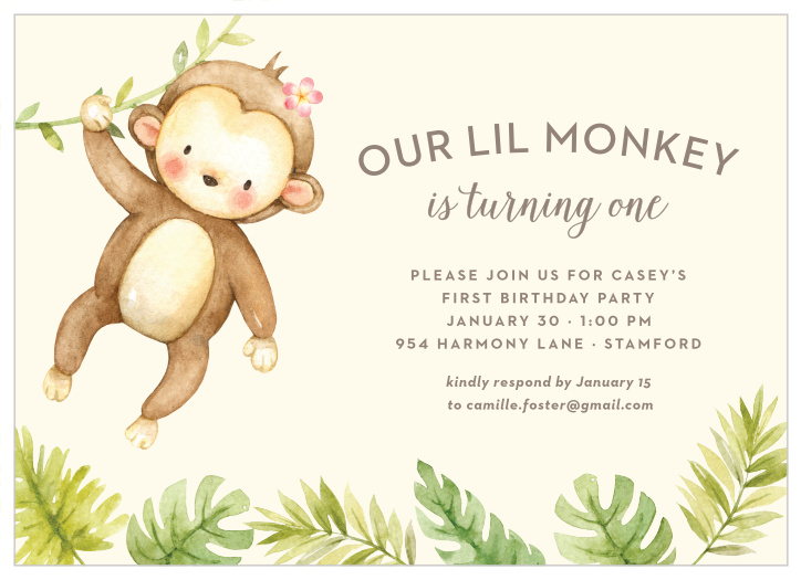 Announce your little one's big day with our One Fun Monkey First Birthday Invitations. These adorable cards feature a baby monkey swinging from a vine on the left over a canopy of palm fronds.