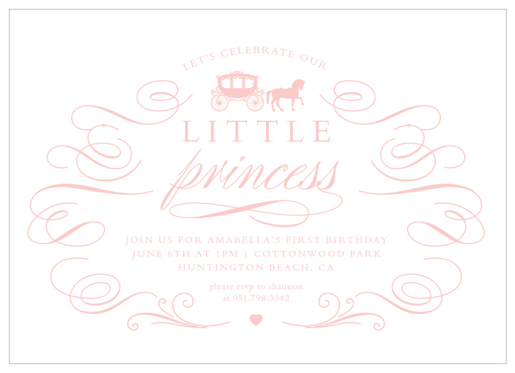 Announce your little one's big day with our Little Princess First Birthday Invitations. These adorable cards feature a royal carriage and elegant, flowing lines framing your text.