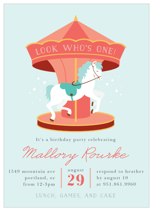 Your child's big day is coming up soon, bring family and friends together to celebrate with our Merry-Go-Round First Birthday Invitations.