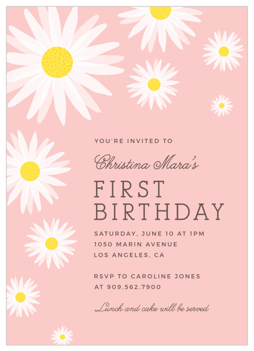 Choose a card just as lovely as your child - our Flower Title First Birthday Invitations!