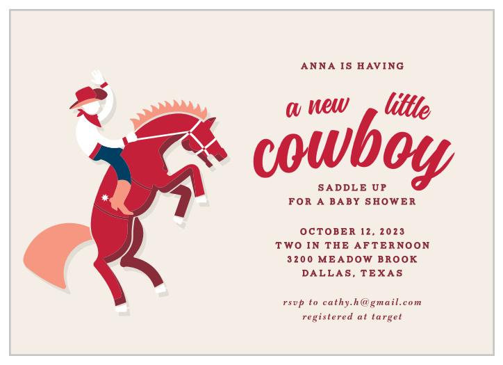 The Rodeo Cowboy baby shower invitations are perfect for the new buckaroo that is soon to join the family.  
