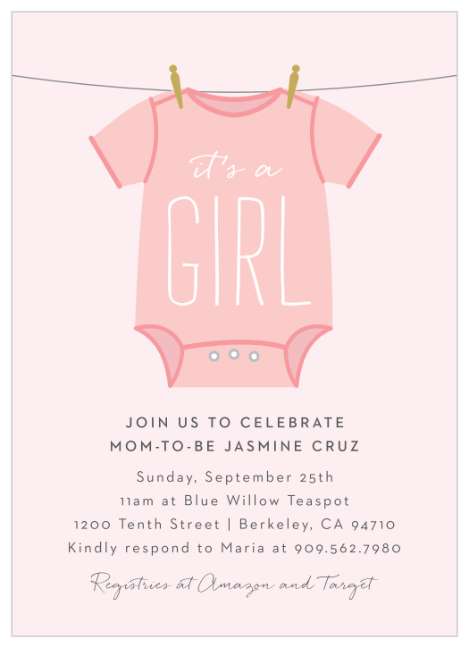 The Girl Onesie Clothesline baby shower invitations are a fun and cute way to invite your guests to your baby shower. 