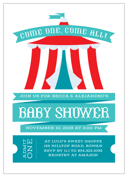 The Circus Ticket baby shower invitations are a fun playful invite with a circus tent at the top of the invitation and a circus ticket that contains the party details at the bottom.