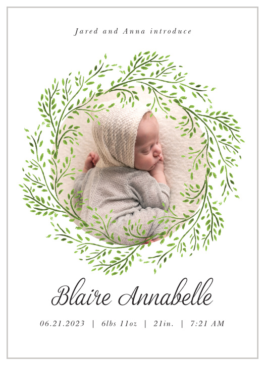 The Leafy Wreath Girl birth announcements let you encircle your new bundle of joy in a rustic wreath.