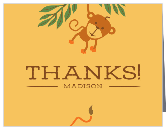 The Animal Safari baby shower thank you cards send your guests back to the safari with the safari jeep and a big thank you on the front.