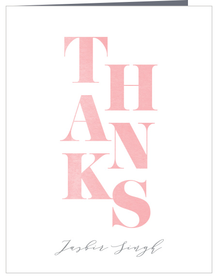 The Baby Boutique baby shower thank you cards have stacked letters writing out your thanks and your name at the bottom in cursive.