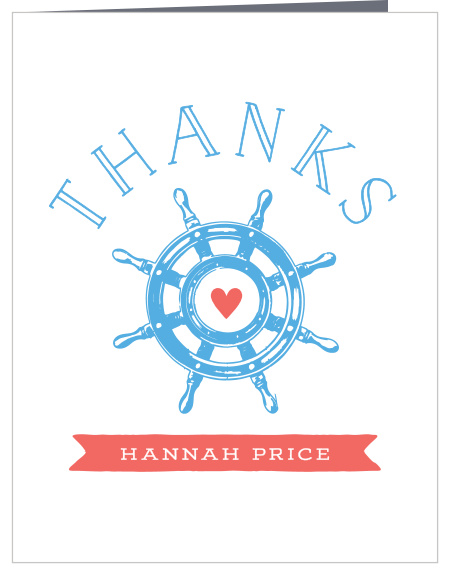 The Baby on Board baby shower thank you cards bring the nautical theme to the next level with your thank you message is wrapped around the top of the steering wheel of this gorgeous card.