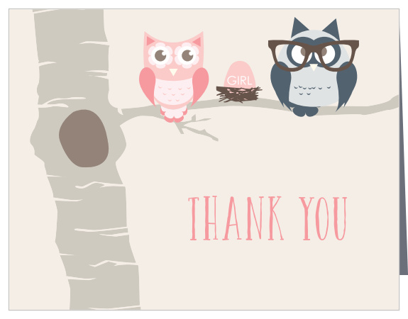 The Owl Girl Baby Shower Thank You Card features an intricately hand illustrated owl holding a sign bearing your thanks.