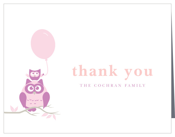 The Owl Balloon Baby Shower Thank You Card has an adorable parent and child owl illustration.