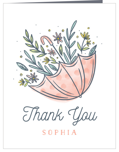 The Playful Flower Baby Shower Thank You Cards have a super cute minimalist design of flowers all sitting inside a polka dot umbrella, with a ton of room to write your genuine thanks on the rest of the card.