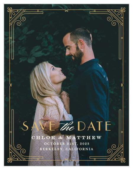 Our retro Night Deco Save the Date Cards are nothing short of stunning - perfect for announcing your recent engagement and upcoming wedding!