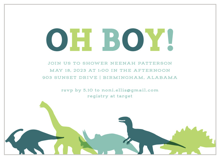 Have close friends and family stomp their way over to celebrate your little bundle of joy on the way with our Little Dinosaur Baby Shower Invitations.