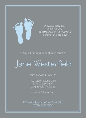 The Little Boy's Footprints Baby Shower Invitation feature cute footprints next to a spot for a cute saying or quote, all surrounded by a simple and adorable border, with plenty of room for your details.
