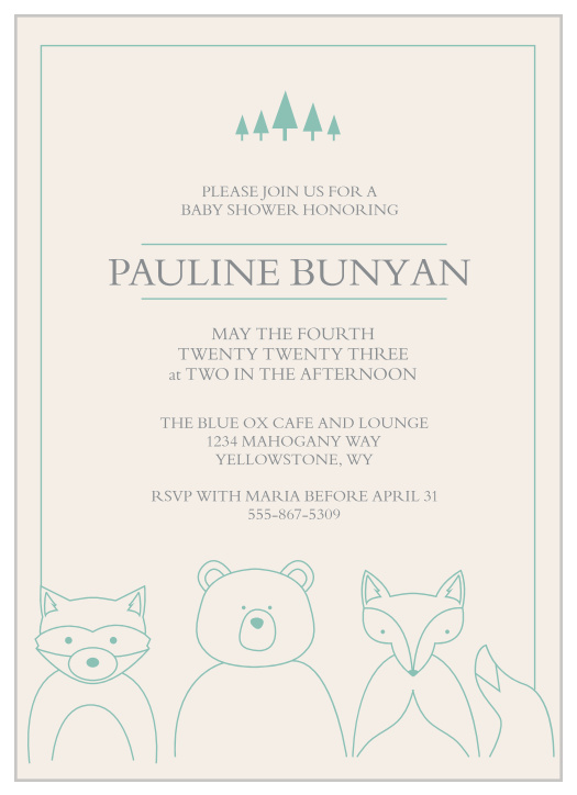 The Woodland Outline Baby Shower Invitations is the perfect invite for those wanting a minimum, but whimsical invite. Featuring plenty of room for your own text, and adorably illustrated woodland creatures at the bottom; it is sure to get your guests excited.