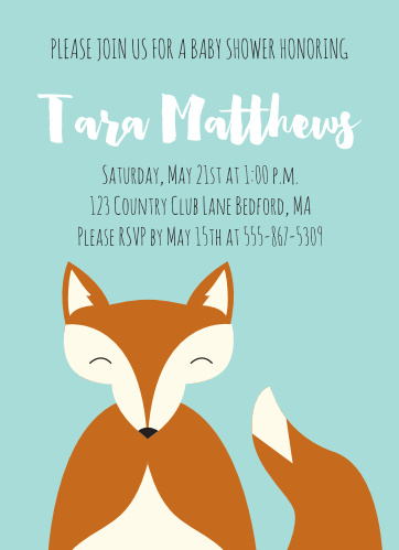 The Happy Fox Baby Shower is has the most adorable fox, and plenty of room for your custom text.