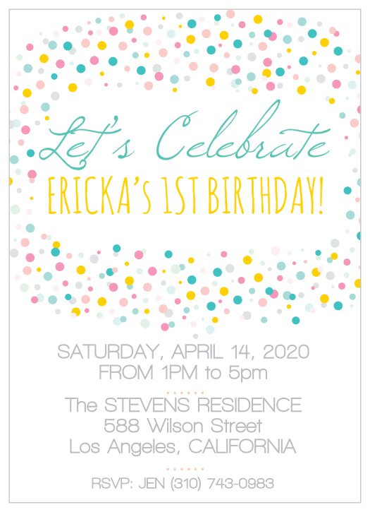 The Bright Confetti first birthday invitations surrounds your child's name in confetti with an area below for all of the important party details. 