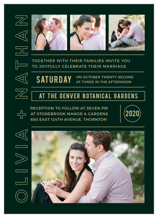 The Photo Romance Foil is a unique and stylish photo wedding invitation that can be customized instantly online with your own photos and colors.