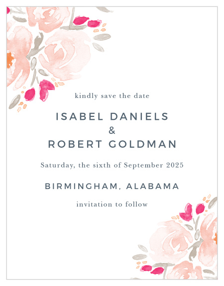 Designed to match the similarly named Watercolor Bouquet suite, this Save-the-Date Card is an easy and beautiful way to announce your upcoming marriage to your guests.