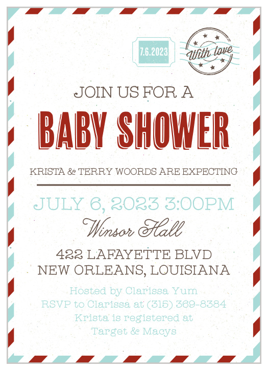The Vintage Envelope baby shower invitations add a cute feel with the colored stripes surrounding the entire card and stamp in the top right-hand corner with processing stamp.