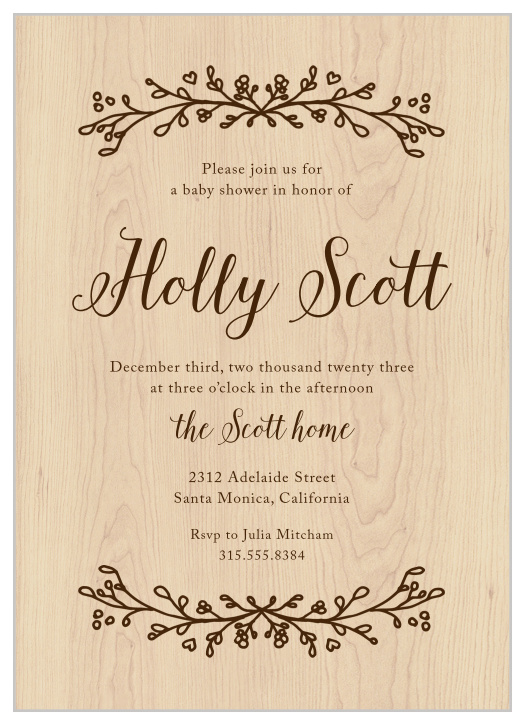 The Adorable Branch baby shower invitations have small budding branches above and below your important details giving this design the perfect rustic feel.