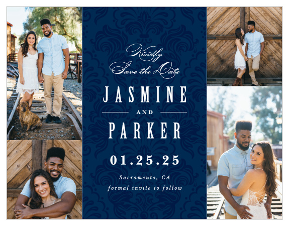 Mark a spot on your loved ones' calendars with our Ribbon & Damask Save the Date Cards. 