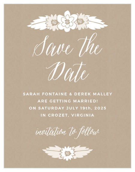 Charming flowers sit atop a kraft pattern background on the Rustic Floral Save-the-Date Cards