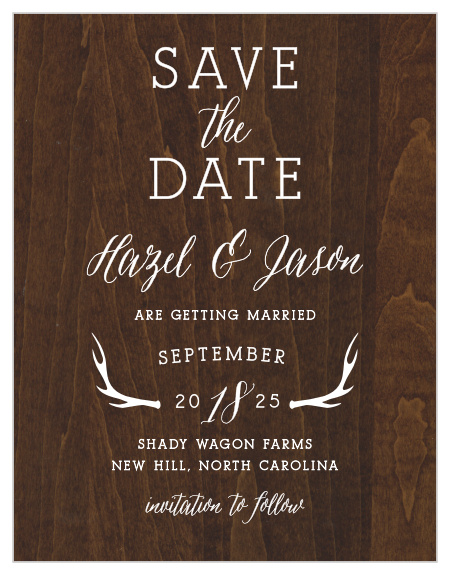 Make your wedding announcement with the countrified elegance of the Rustic Wood Save-the-Date Cards. 