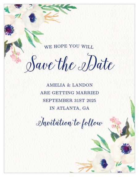 Lush florals adorn the corners of the Watercolor Anemone Save-the-Date Cards.