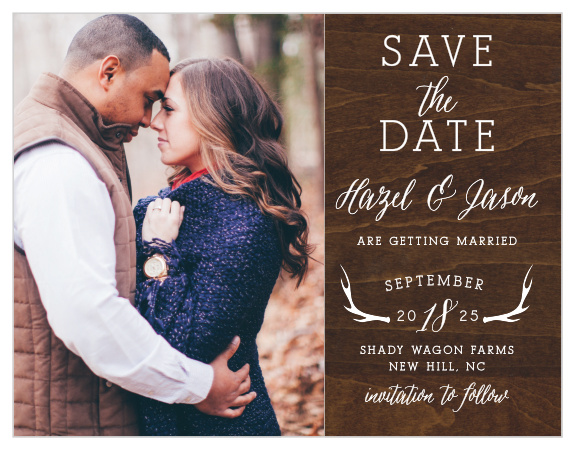 Add your engagement photo to the Rustic Wood Photo Save-the-Date Cards. 