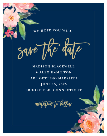 Blossoming watercolor florals adorn the corners of Standing Ovation Save-the-Date Cards.