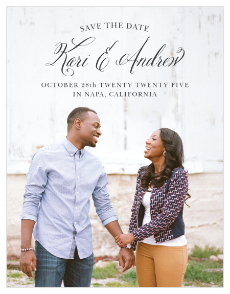 Your photo is a stunning backdrop to your text on the Timeless Script Photo Save-the-Date Cards.