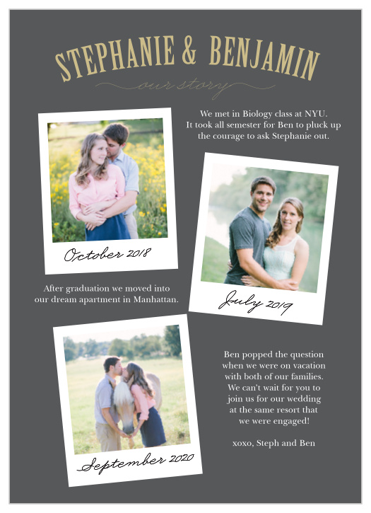 Showcase your favorite engagement photos on the Polaroid Story Wedding Invitations.