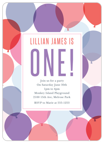 Celebrate your growing little lady with the Buoyant Balloons Girl First Birthday Invitations.