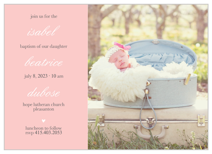Your daughter's name is layered between text on the Stacked Text Girl Baptism Invitations. 