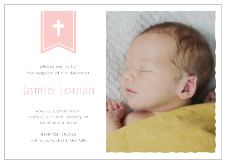 A cross on a flag complements your daughter's photo on the Banner and Cross Girl Baptism Invitations. 