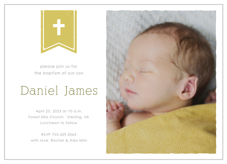A cross on a flag complements your son's photo on the Banner and Cross Boy Baptism Invitations. 