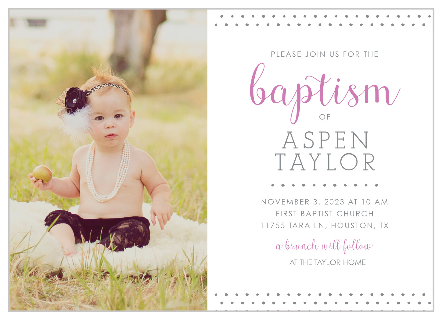 Polka Dot Border Girl Baptism Invitations