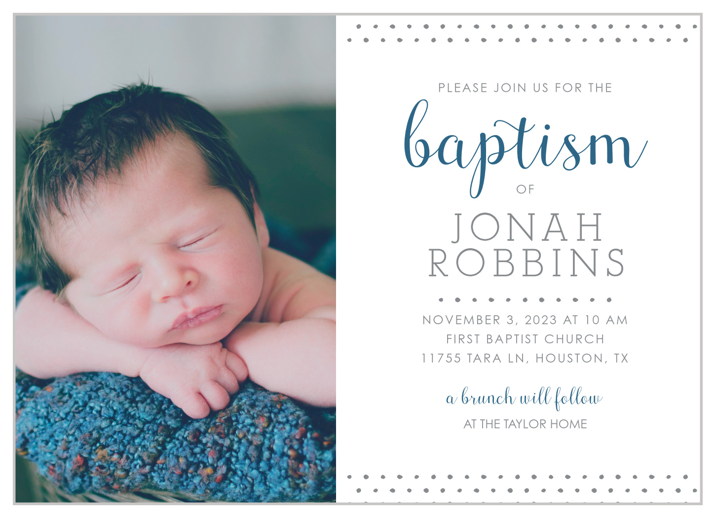 Polka Dot Border Boy Baptism Invitations by Basic Invite