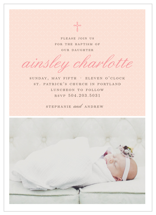 Design an invitation using your daughter's photo with the Tiny Cross Girl Baptism Invitations.