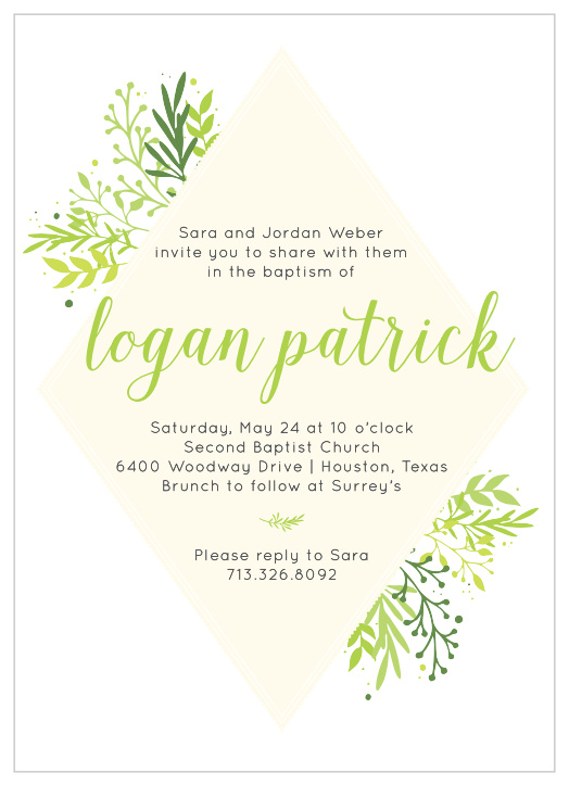 Whimsical foliage bursts from behind a diamond frame on the Diamond Botanic Boy Baptism Invitations. 