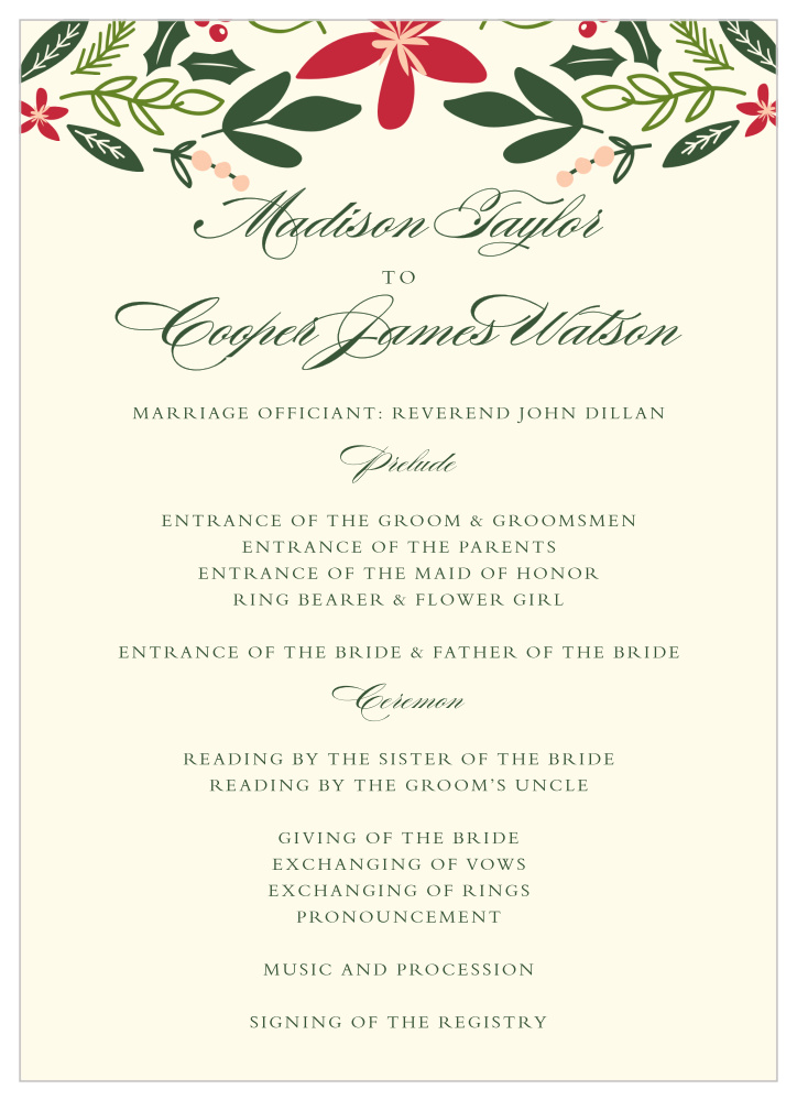 Holiday Bough Wedding Programs By Basic Invite