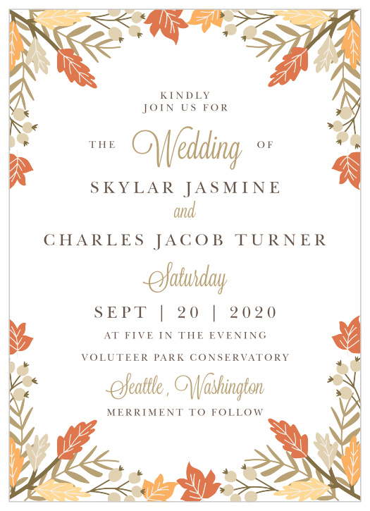 Gorgeous autumn foliage frames your text on the Falling Leaves Wedding Invitations.