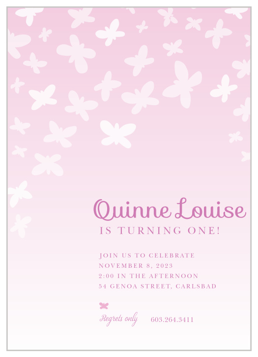 A graceful ombre hosts a kaleidoscope of butterflies on the Beautiful Butterflies First Birthday Invitations.