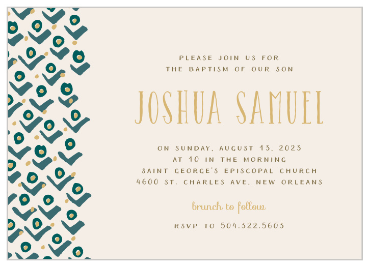 A stylized pattern of rosebuds cascades down the left-hand side of the Blushing Buds Foil Boy Baptism Invitations.